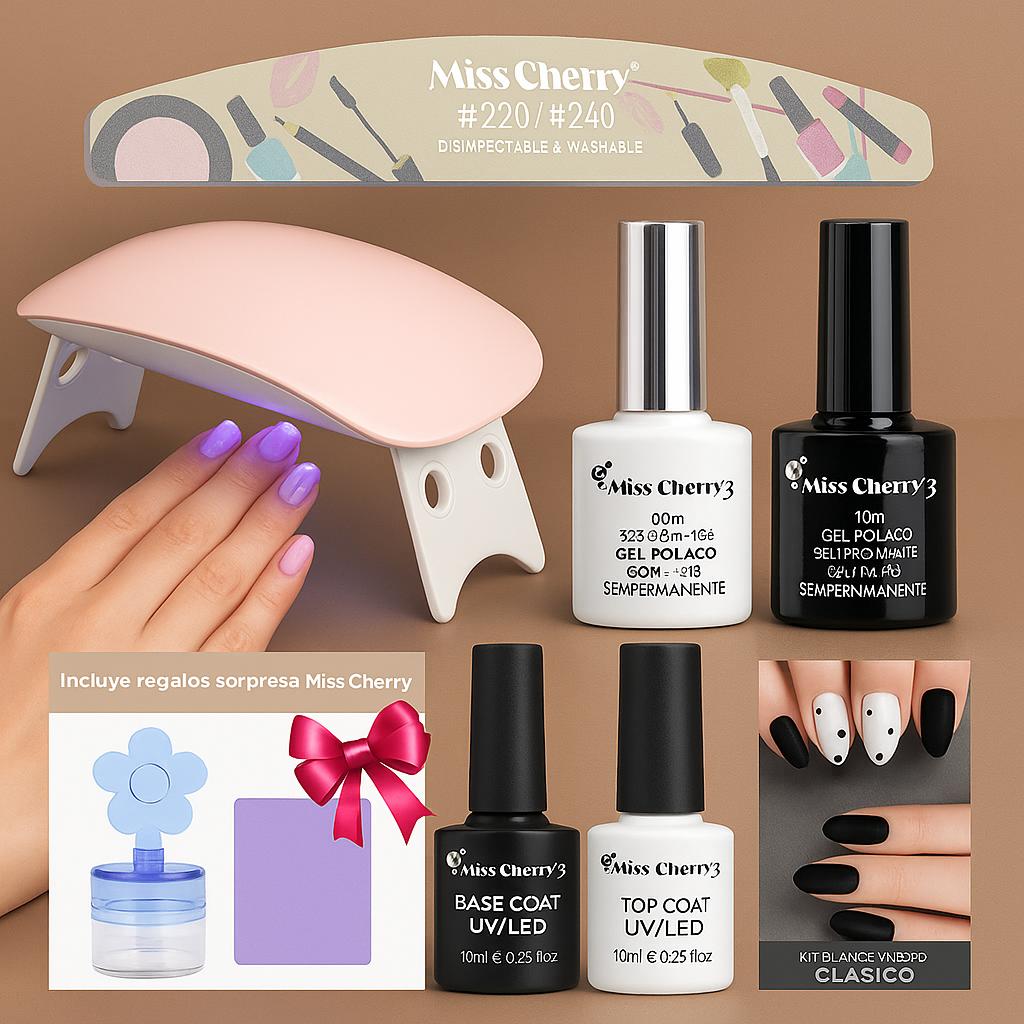 Miss Cherry Kit Clasico Gel en Blanco y Negro Lampara Top Base y regalo kit ´profesional de uñas semipermanente