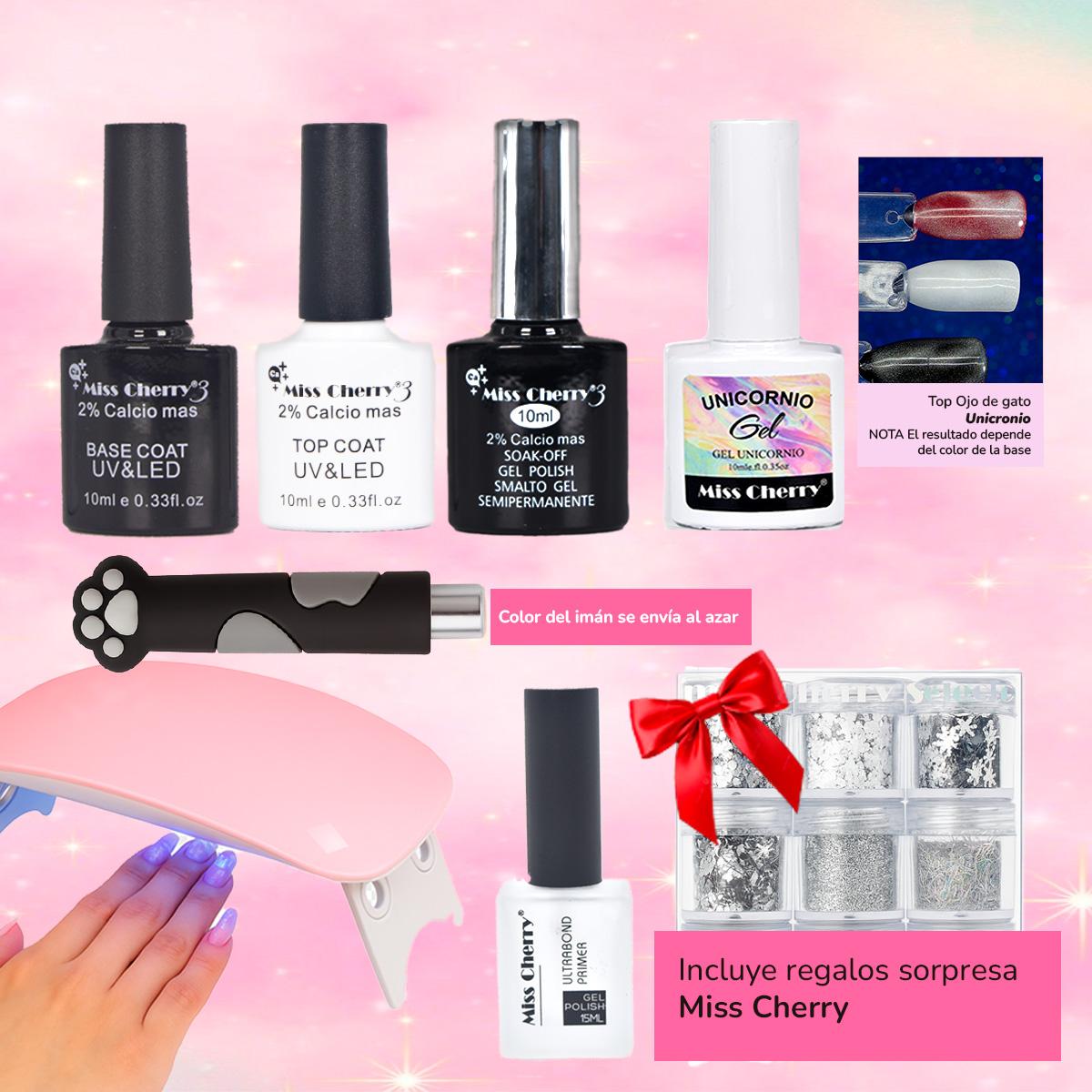 Miss Cherry KIT EXPRESS Efecto ojo de gato con lampara y Regalo sorpresa incluido Uñas Gel Esmalte arte en uñas