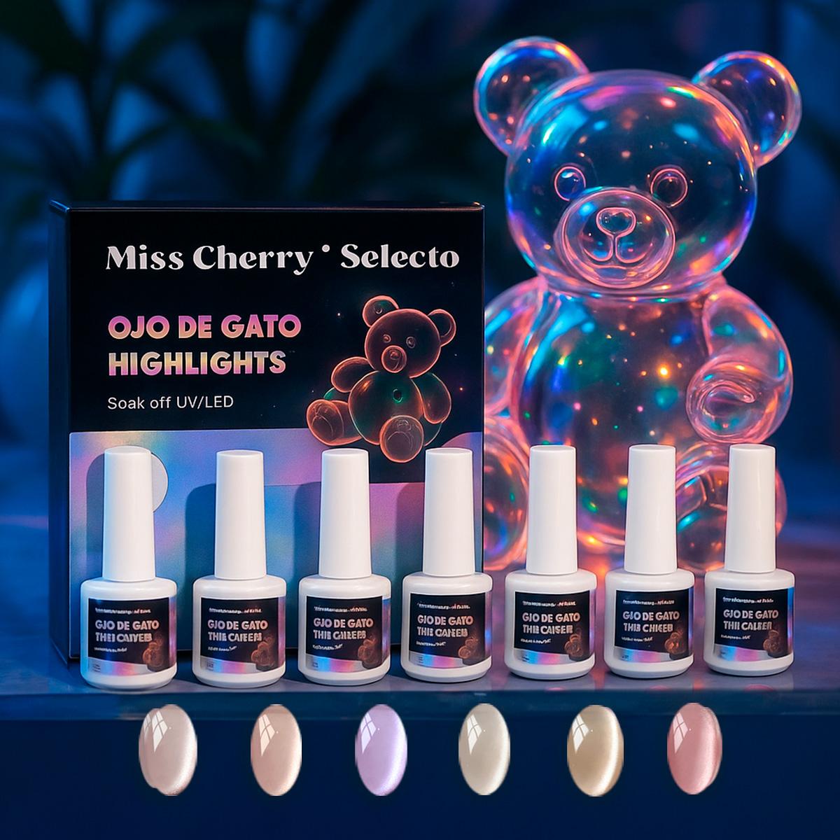 Miss Cherry Gama HIGHLIGHTS Efecto ojo de gato gel semi permanente UV LED para uñas manicura profesional Nails Art 6 piezas 10ml