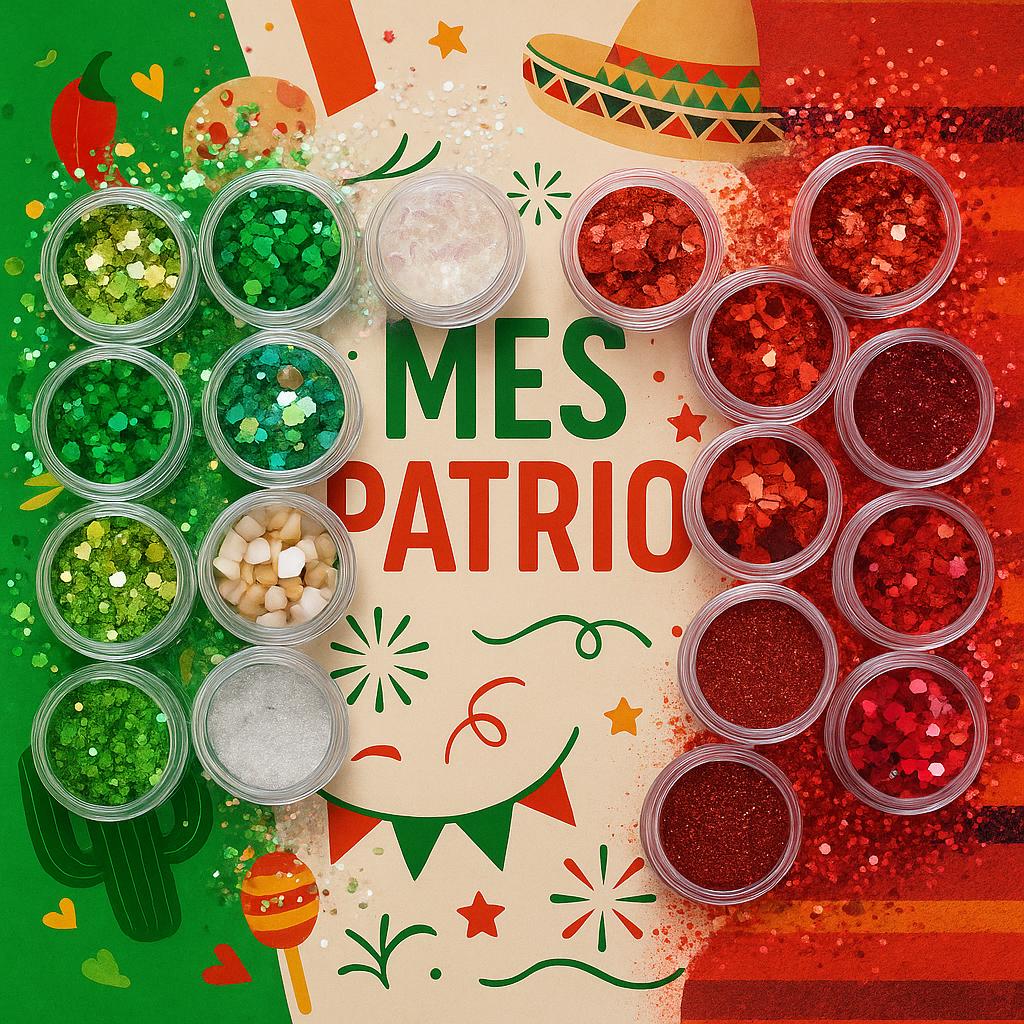 Miss Cherry ¡Brilla México! verde blanco y rojo, brillo holografico decoraciones para uñas Mes Patrio Uñas mexicanas celebracion