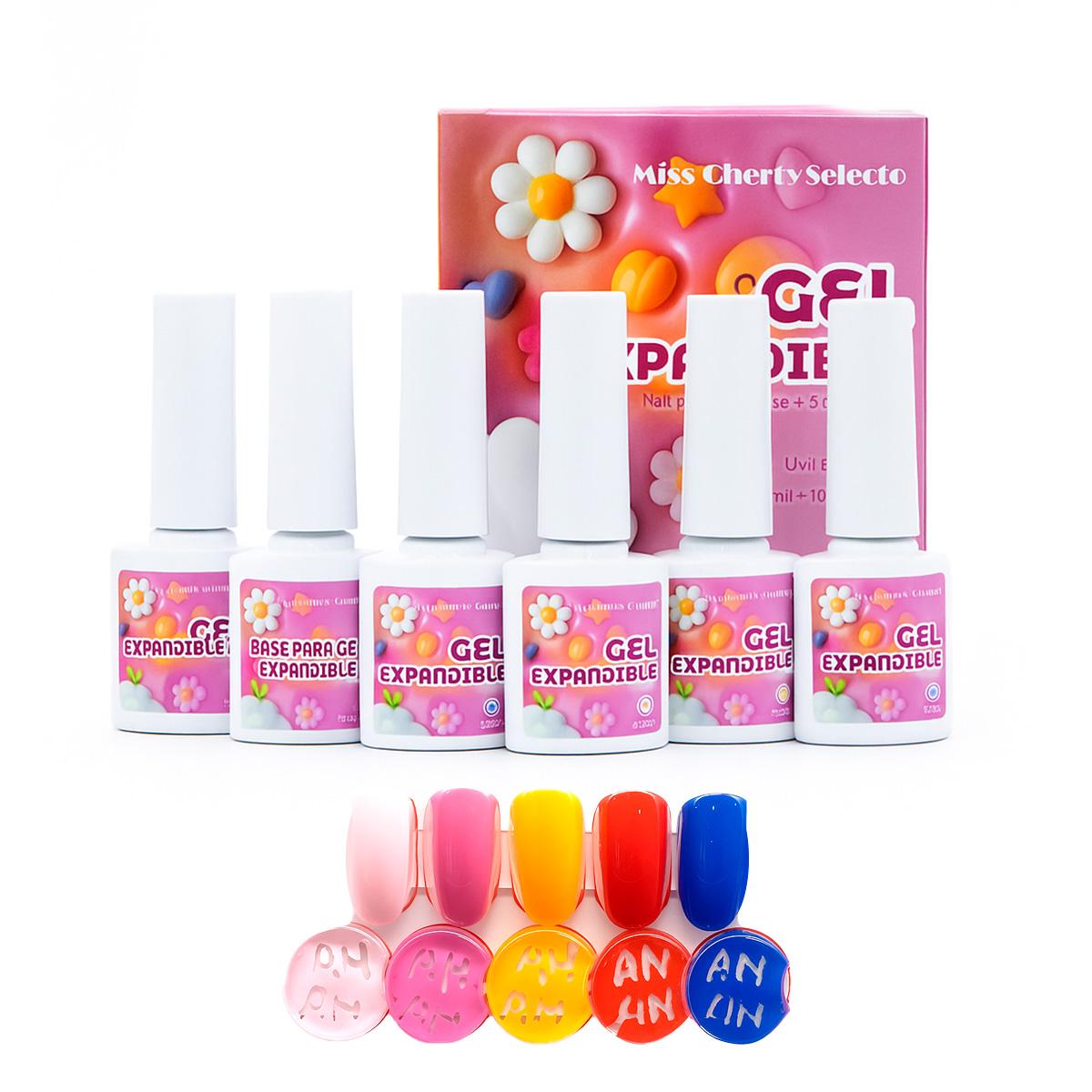 Miss Chery Gel Expandible Incluye 1 base espandible y 5 colores profesionales gama para manicura en uñas UV LED