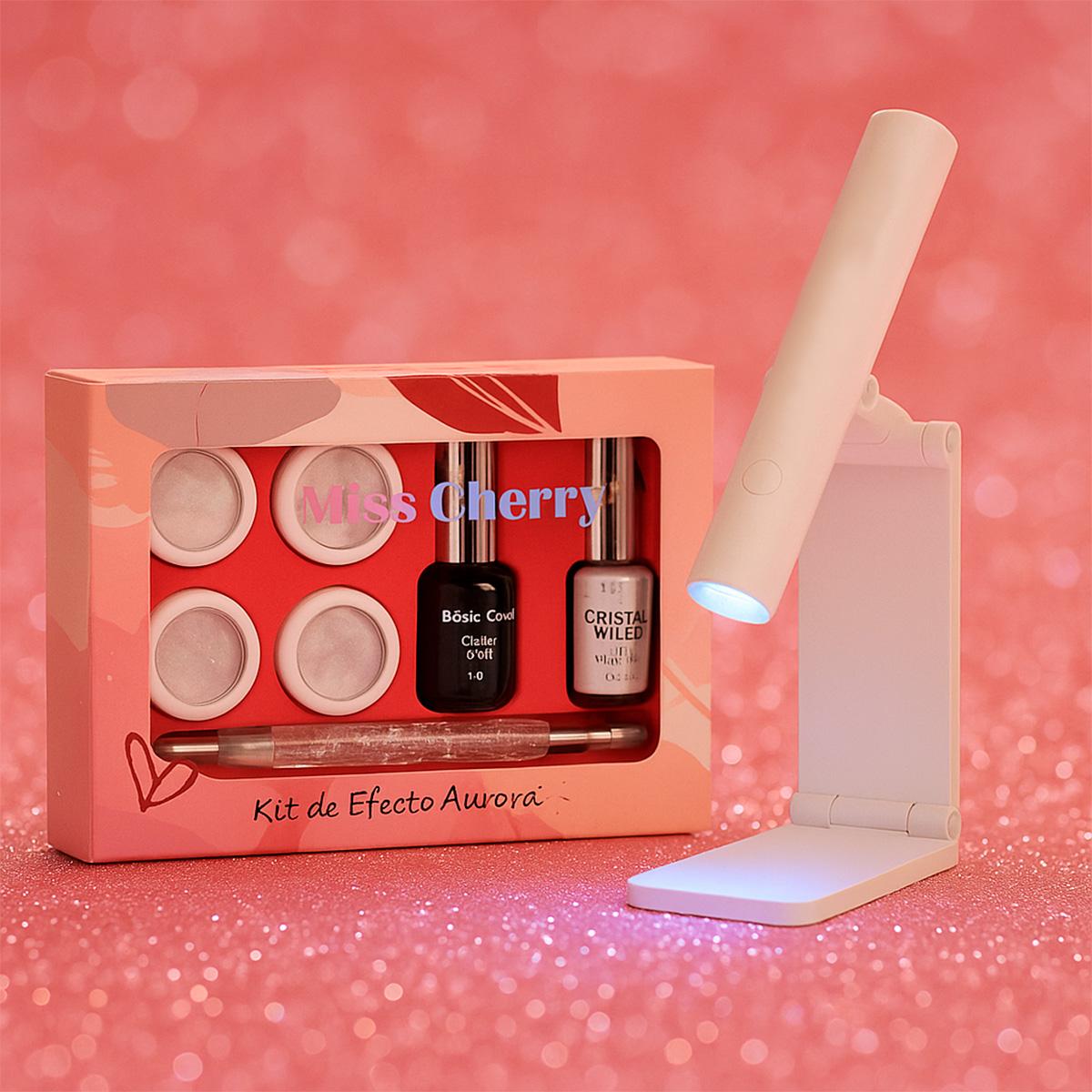 Miss Cherry Kit Efectos Aurora con Lámpara UV Mini portatil uñas gel semipermanente Top y Base incluidos