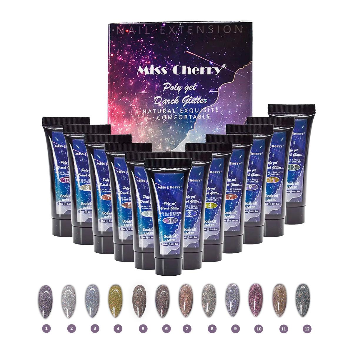 Miss Cherry Polygel Dark Glitter  12 pcs Brillo Oscuro para Uñas Esculpidas