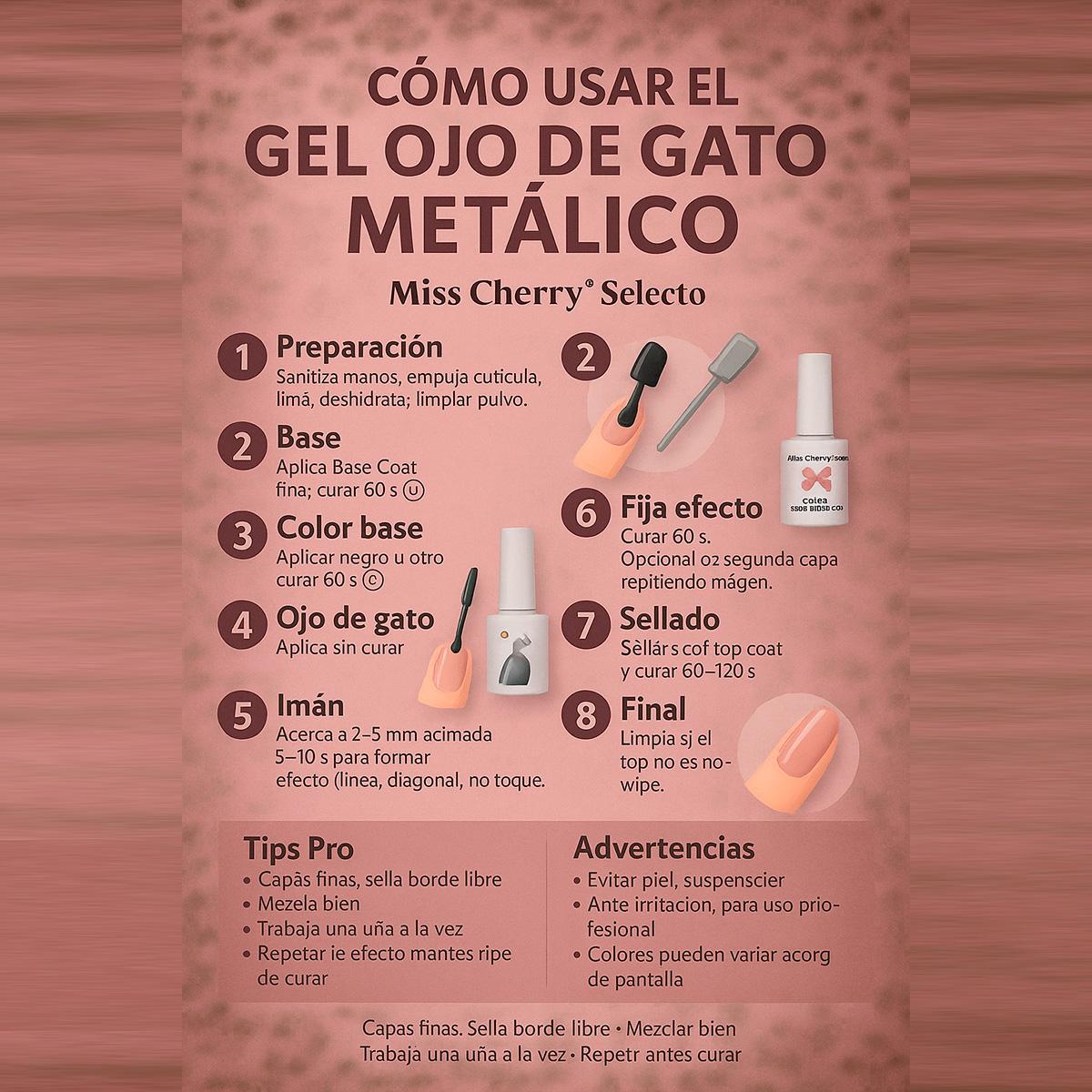 Miss Cherry Gama Ojo de gato Metalico gel semipermaneten Nail Art profesional manicura 12 pcs