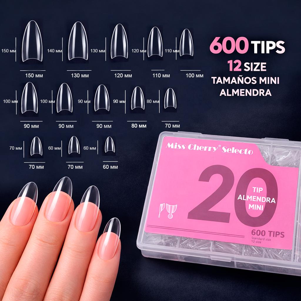 Miss Cherry 600pz Tips con sonrisa Mini Almendra corto, 12 Tamaños media punta