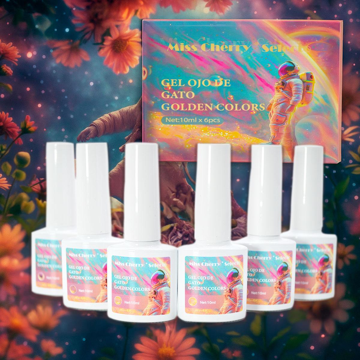 Miss Cherry Gama GOLDEN COLORS Efecto ojo de gato, manicura profesional Nail  10ml 6 Piezas
