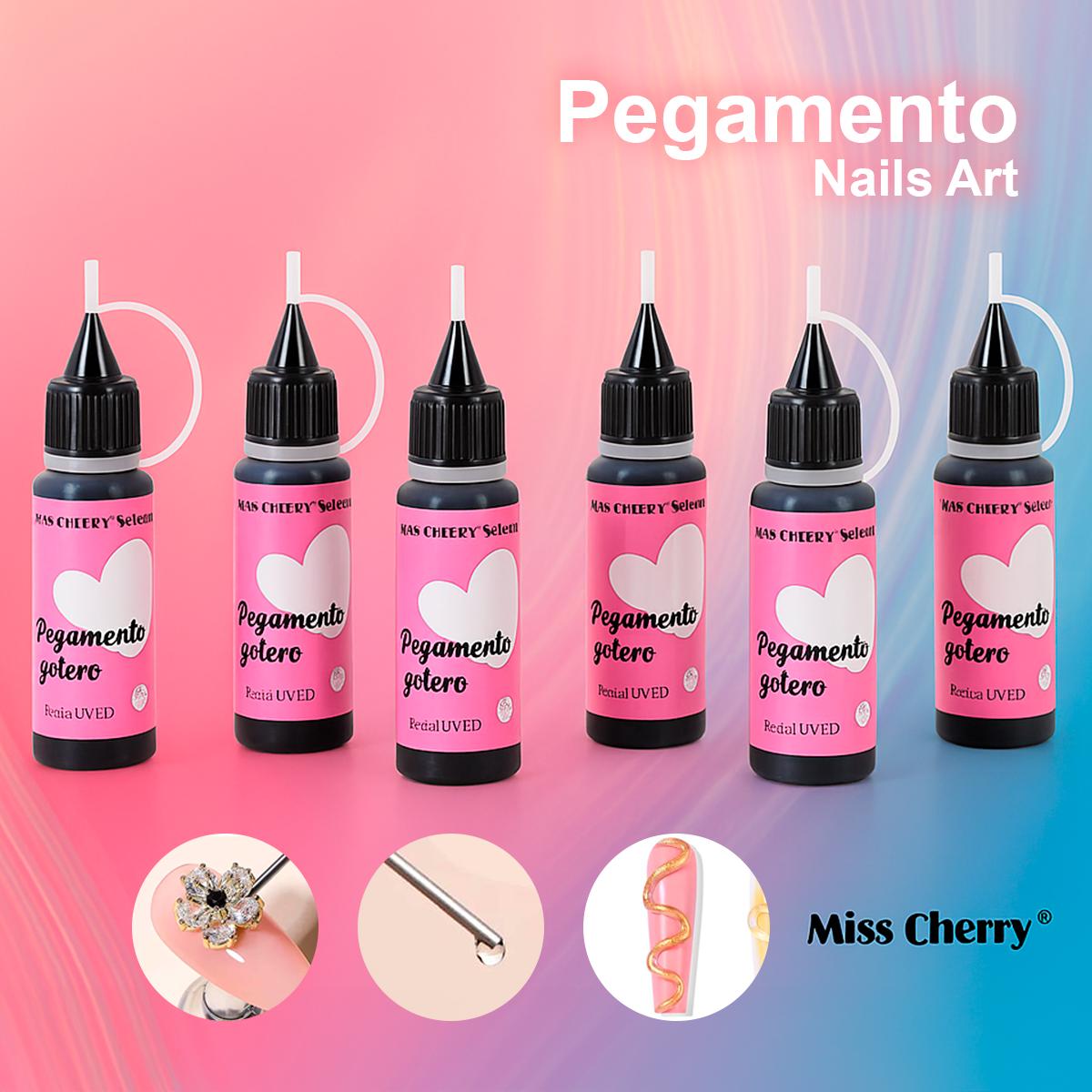 Miss Cherry Pegamento con Punta Tipo Aguaja 6 Pz pegamento gotero para el arte en uñas Art nail manicura