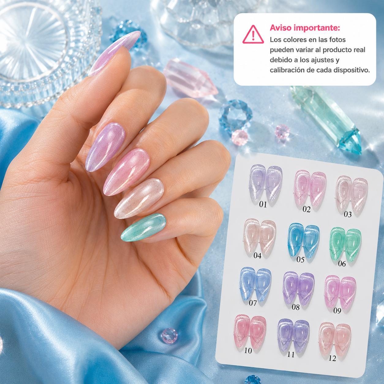 Miss Cherry Cristales gama con efecto ojo de gato uñas esmalte gel semipermanente