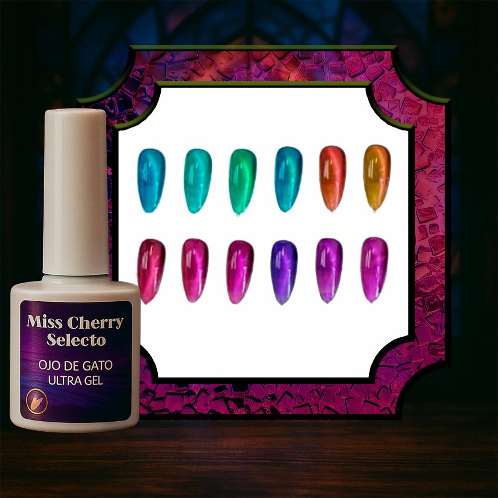 Miss Cherry Gel Esmalte Semipermanente para Uñas Ojo de Gato Vitral 12 pzs 10 ml