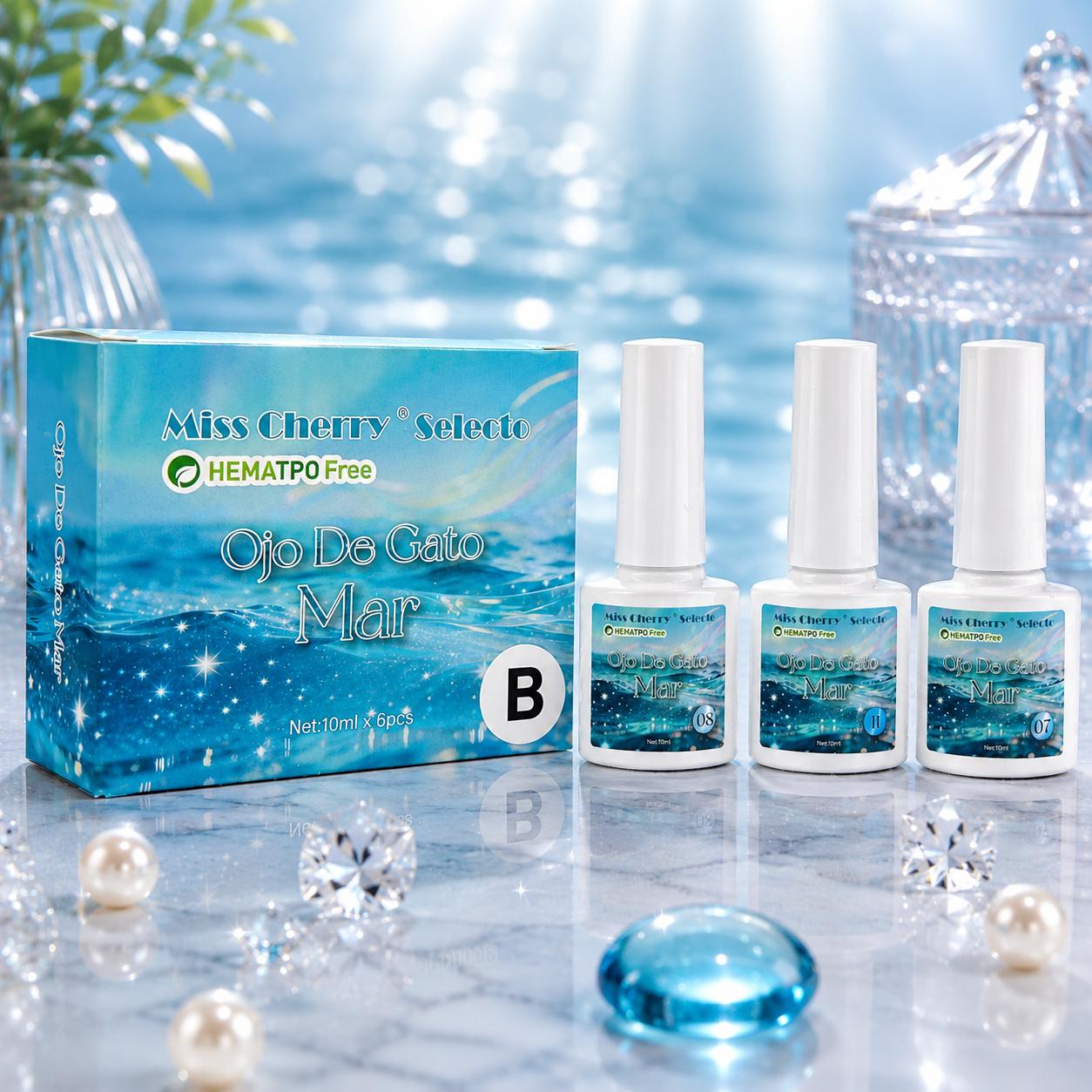 Miss Cherry Esmalte Efecto ojo de gato MAR  gel semi permanente UV LED para uñas manicura profesional Nails Art  6 piezas 10ml