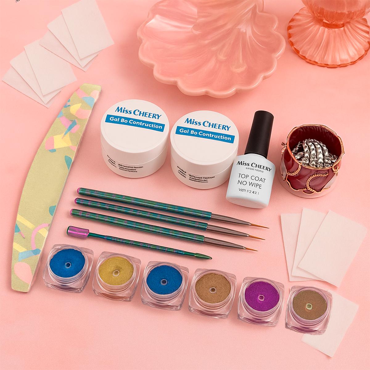 Miss Cherry Set de Gel Construcción y Efecto Espejo Metalico con set de pinceles  gel Sólido para Uñas Moldeador 3d