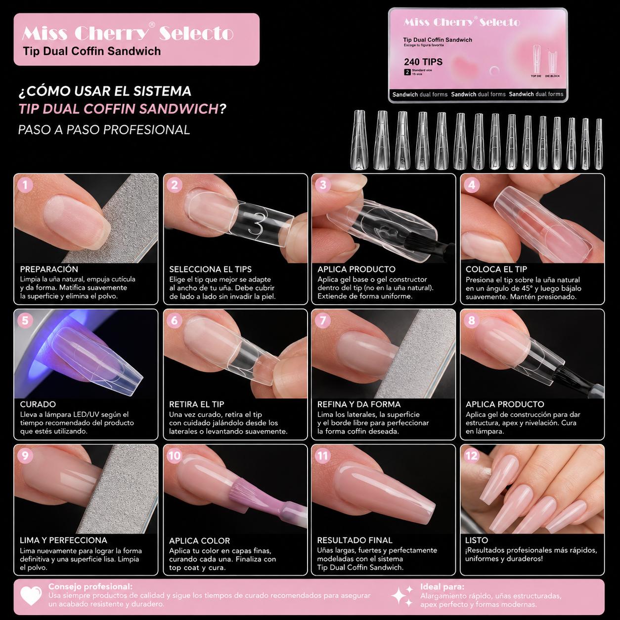 Miss Cherry Tip dual sistem sandwich extension de uñas moldes doble forma