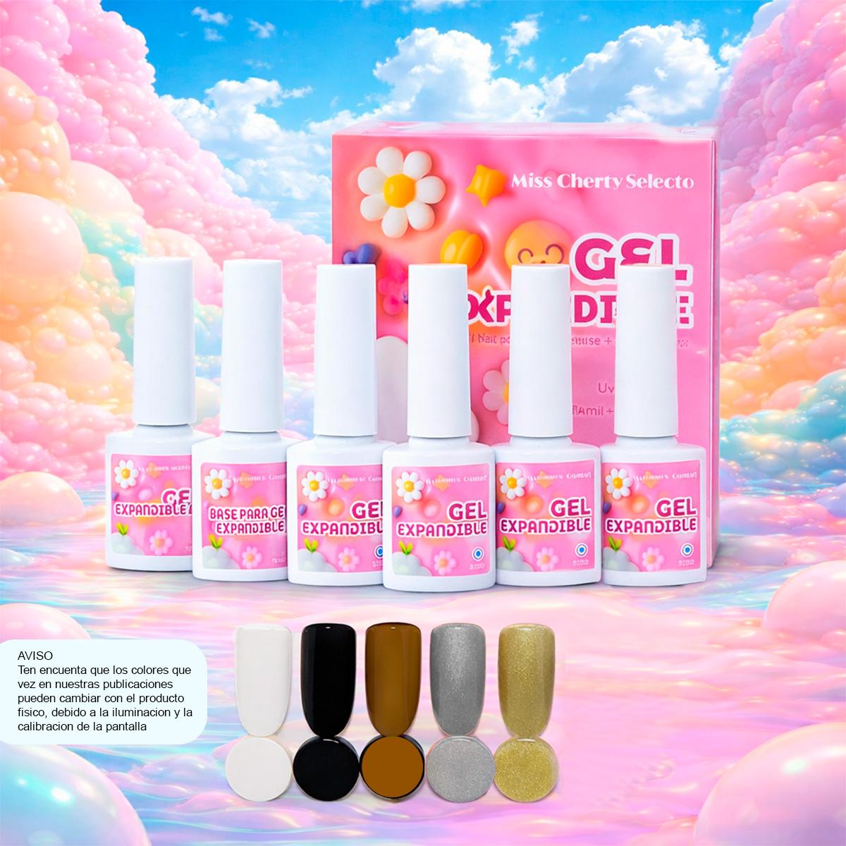 Miss Chery Gel Expandible Incluye 1 base espandible y 5 colores profesionales gama para manicura en uñas UV LED