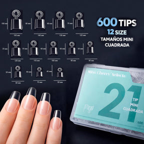 Miss Cherry 600pz Tips con sonrisa Mini cuadrada Postizas Corto, 12 Tamaños media punta