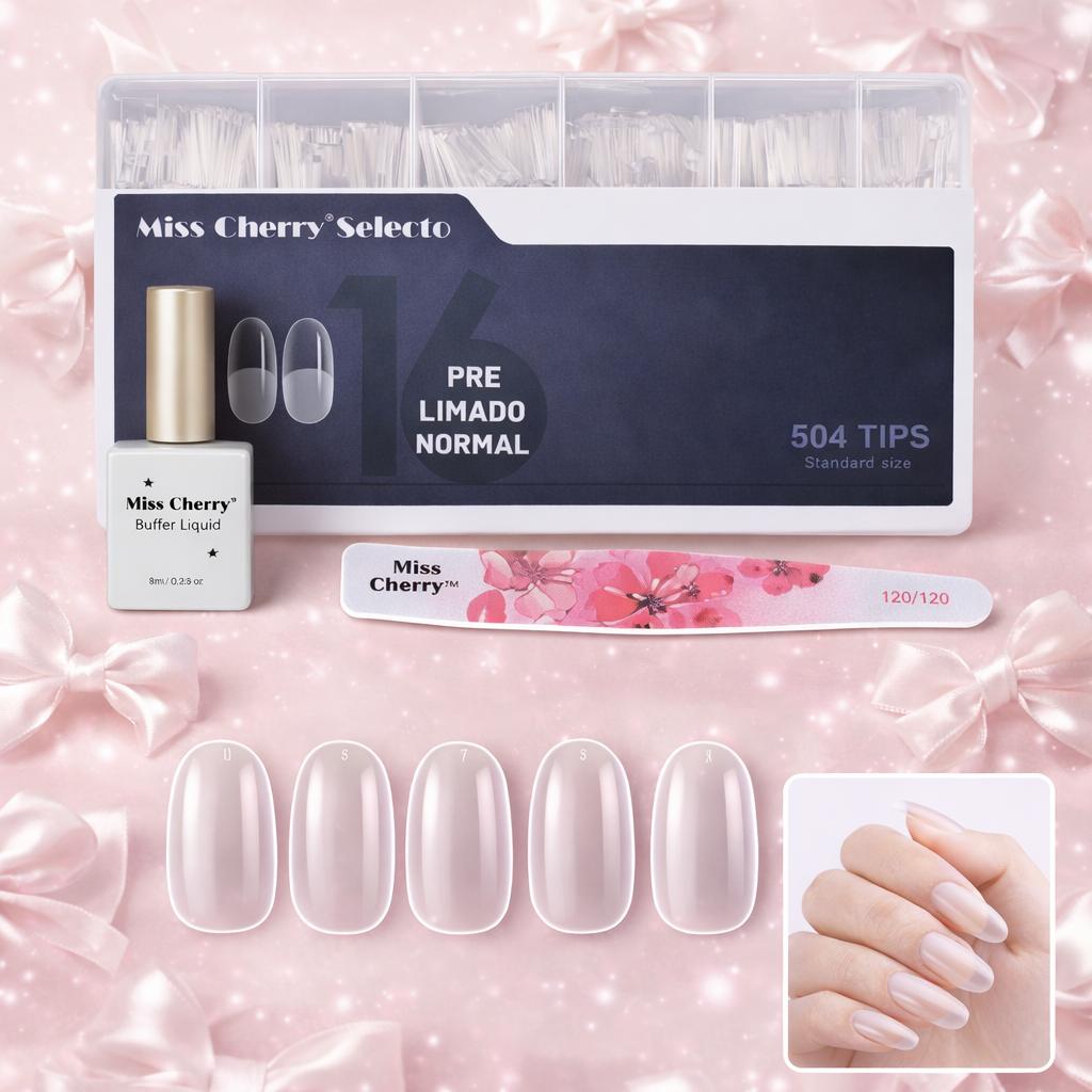 Miss Cherry Kit 504 Tips prelimados con Rubber Gel profesional y lima para extension de uñas profesional