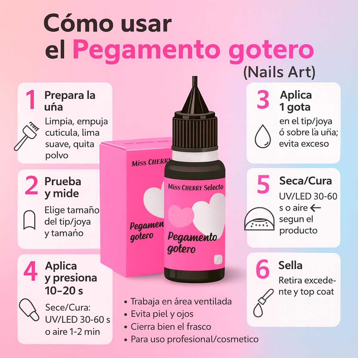 Miss Cherry Pegamento con Punta Tipo Aguaja 6 Pz pegamento gotero para el arte en uñas Art nail manicura