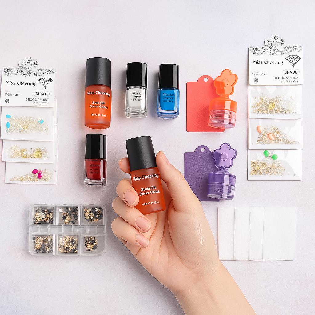 Miss Cherry Kit stamper de 6 Tintas de sellos, Gel en frio, placa de sellos y diamantes fantasía decoración  Uñas