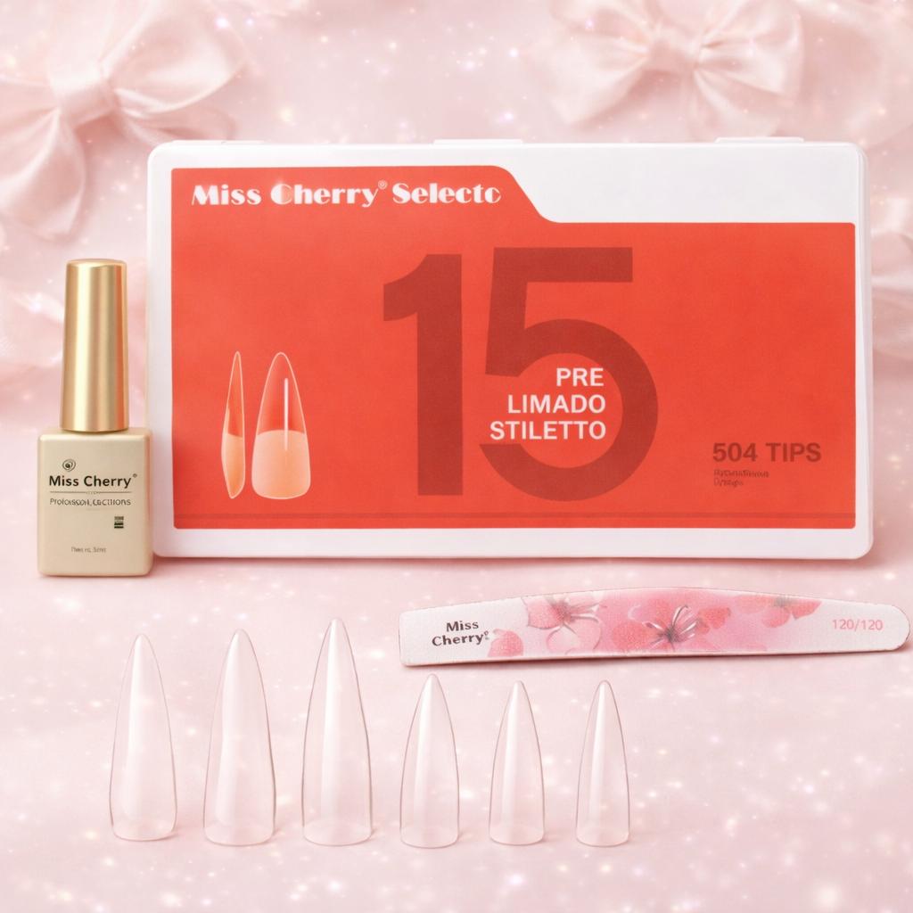 Miss Cherry Kit Tips prelimados con Rubber Gel profesional para ectension de uñas profesional