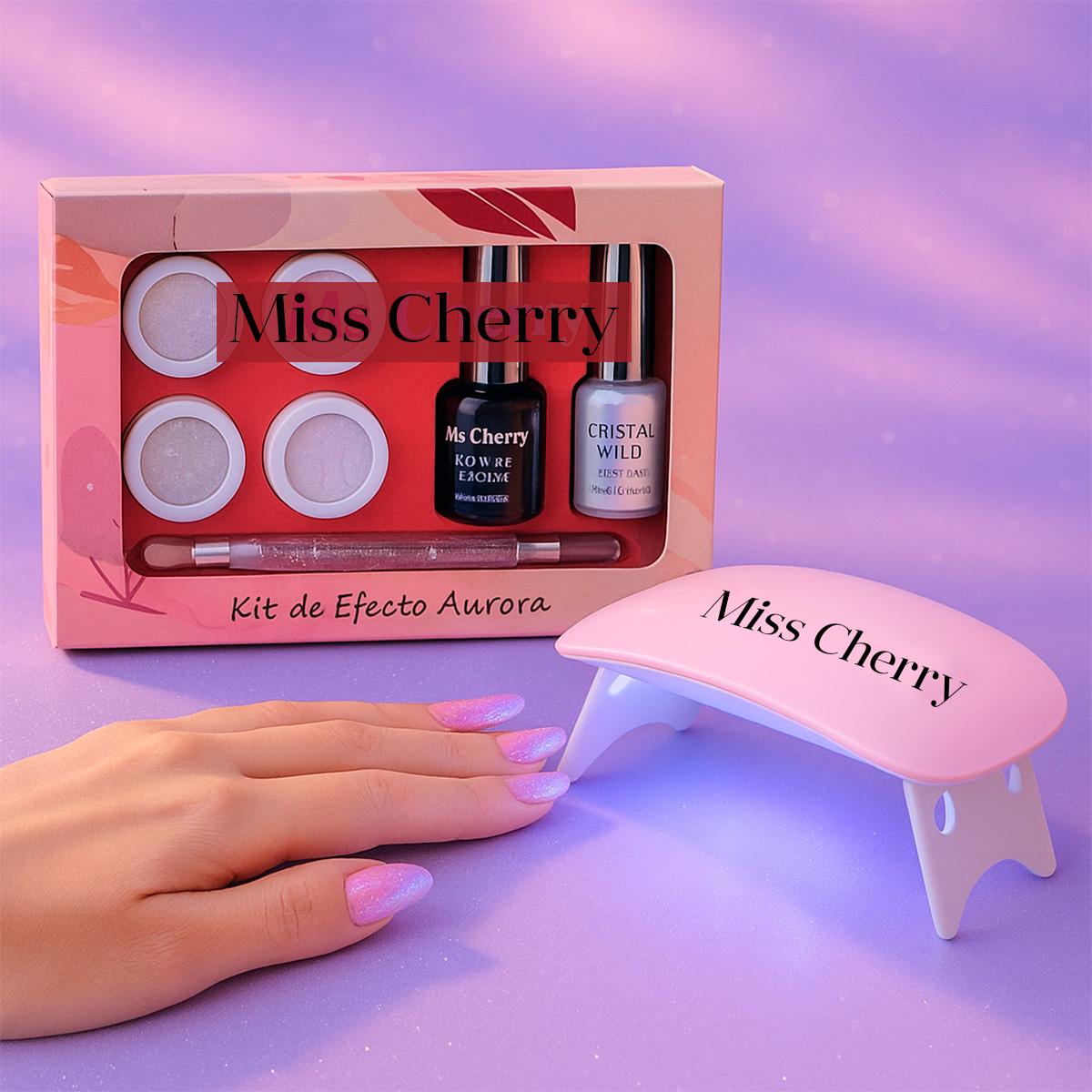 Miss Cherry Kit Efectos Aurora con Lámpara UV Mini portatil uñas gel semipermanente Top y Base incluidos