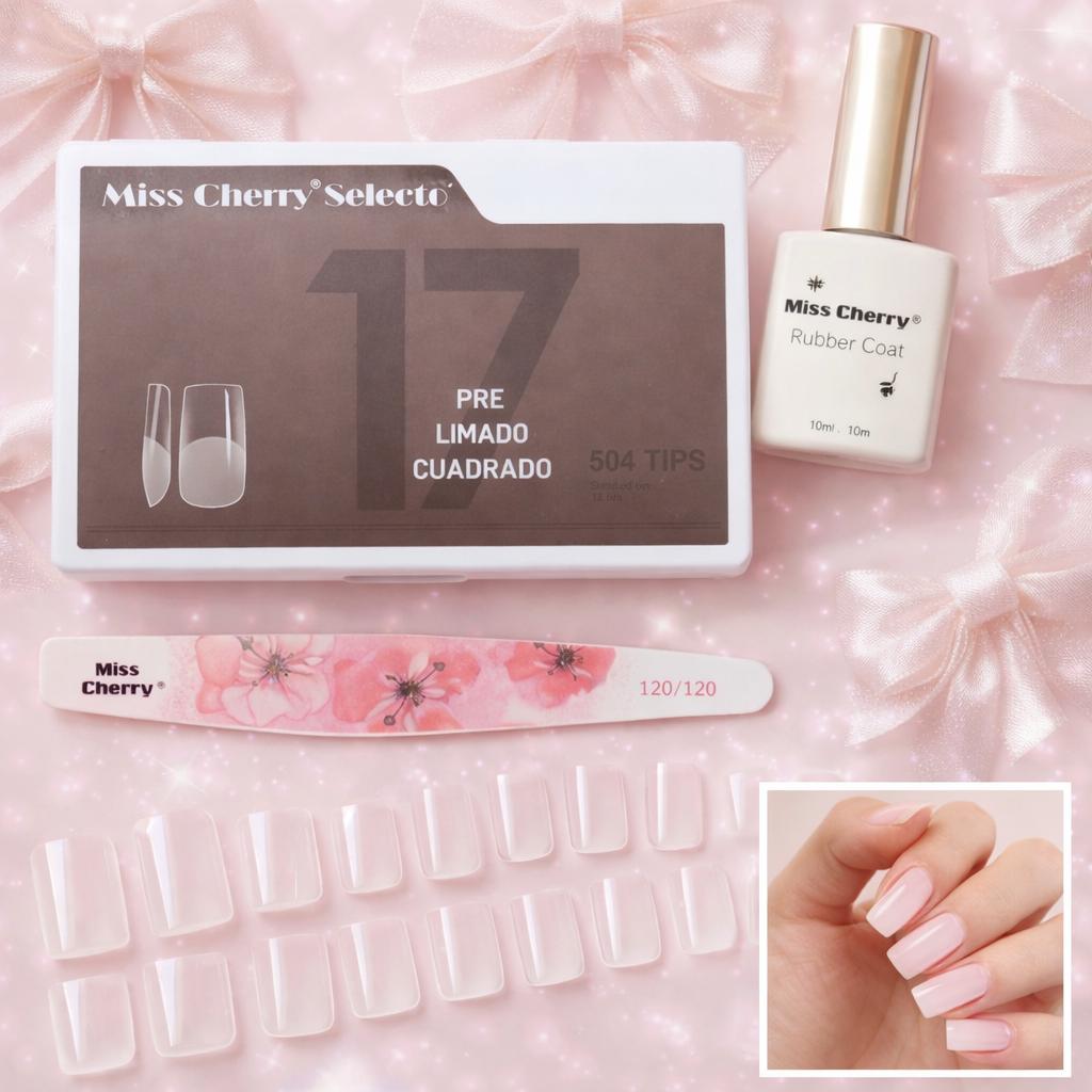 Miss Cherry Kit 504 Tips prelimados con Rubber Gel profesional y lima para extension de uñas profesional