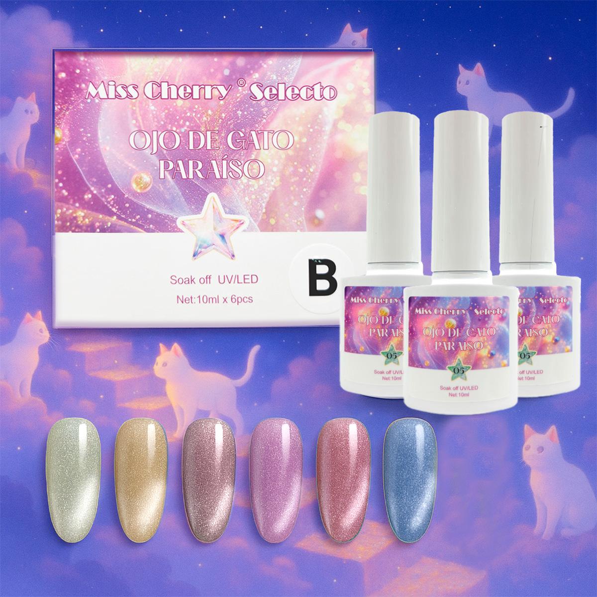 Miss Cherry Gama Ojo de Gato PARAISO Gel semipermanente, 10ml 6 pza arte en uñas profesional