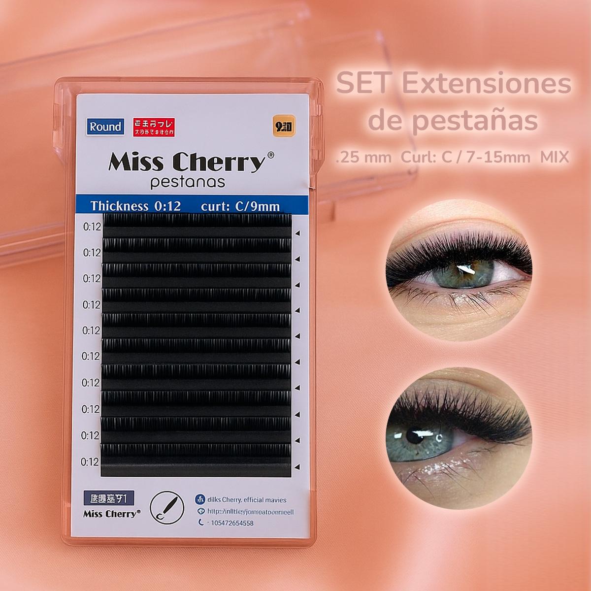 Miss Cherry SET-Professional Extensiones de pestañas .25 mm Efecto marcado y dramático Uso Profesional