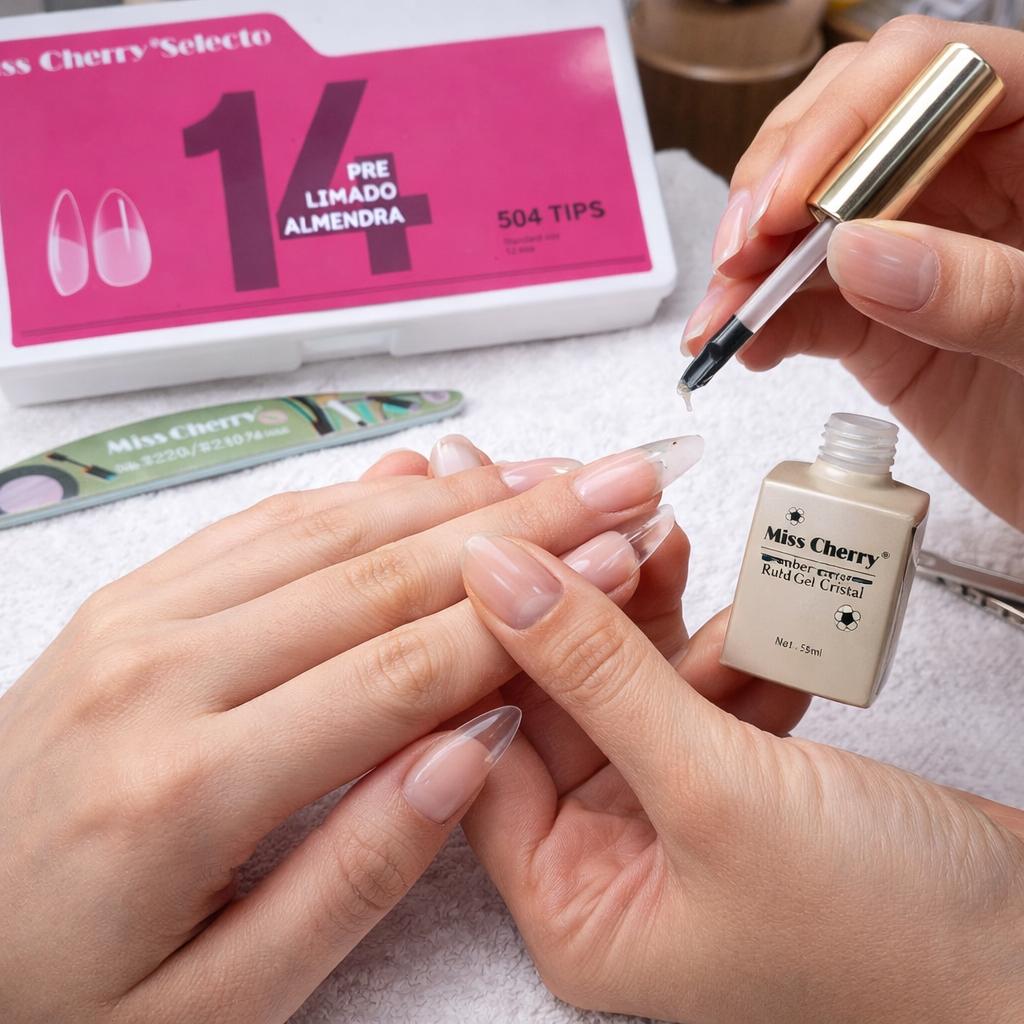 Miss Cherry Kit 504 Tips prelimados con Rubber Gel profesional y lima para extension de uñas profesional