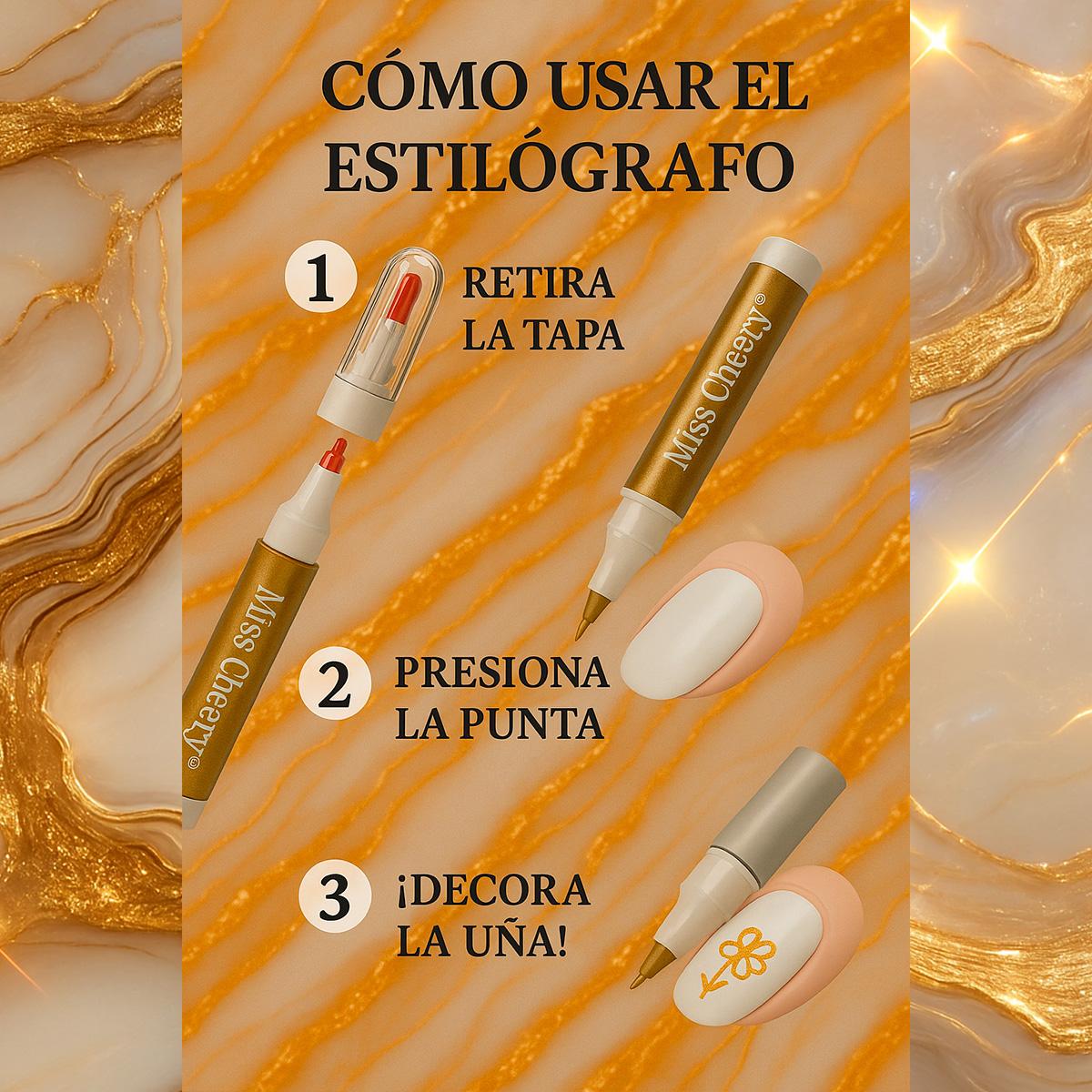 Miss Cherry Estilografo Dorado y plateado  manicuras profesional Mano Alzada Decoracion